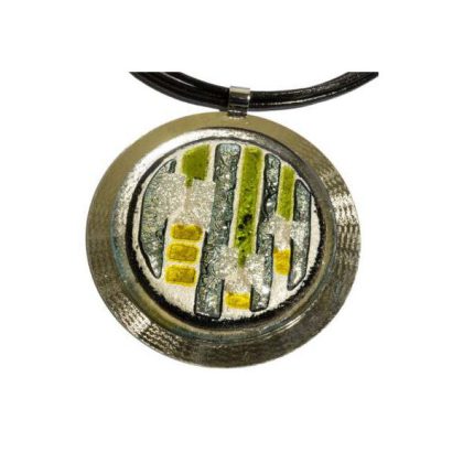Halskette Brilliance mit mit Glasanhänger Grün Silber Fusing (Lederband)