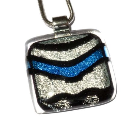 Halskette eckig mit Glasanhänger Silber Blau Fusing (Edelstahlkette)