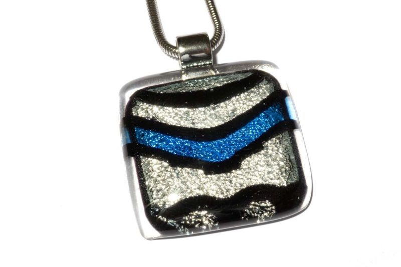 Halskette eckig mit Glasanhänger Silber Blau Fusing (Edelstahlkette)