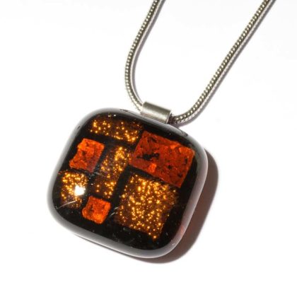 Halskette eckig mit Glasanhänger Rot Bronze Fusing (Edelstahlkette)