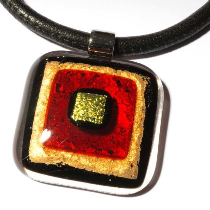 Halskette eckig mit Glasanhänger Rot Gold Fusing (Lederband)