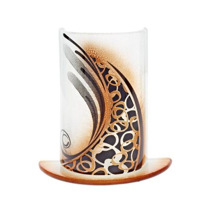 Windlicht Kerzenhalter Tischdeko Terrasse Fusing Glas 15cm weiß gold Handmade