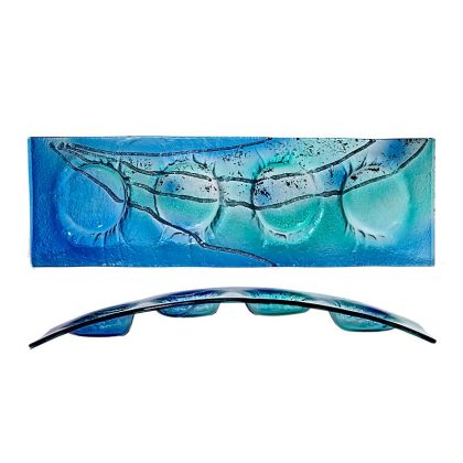 Kerzenhalter Bogen Adventskranz 4er Kerzenteller blau Fusing Glas 42cm Handmade