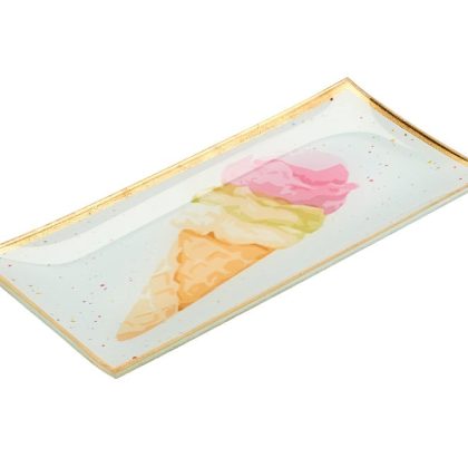 Glasteller Goldrand Eistüte Eiswaffel grün 21x10cm