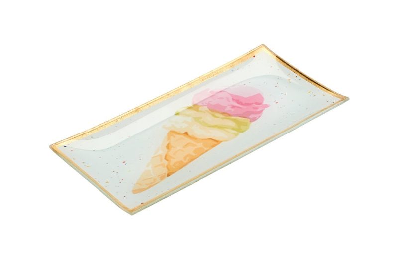 Glasteller Goldrand Eistüte Eiswaffel grün 21x10cm