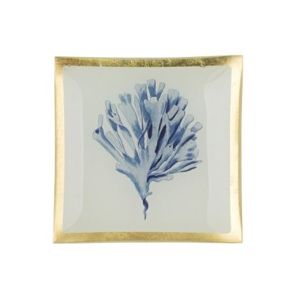 Glasteller Goldrand Koralle weiß blau Maritim 10x10cm