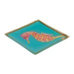 Glasteller Goldrand Seepferdchen blau Maritim 10x10cm