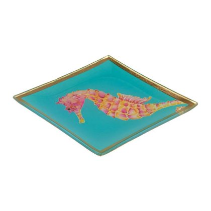 Glasteller Goldrand Seepferdchen blau Maritim 10x10cm