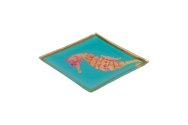 Glasteller Goldrand Seepferdchen blau Maritim 10x10cm