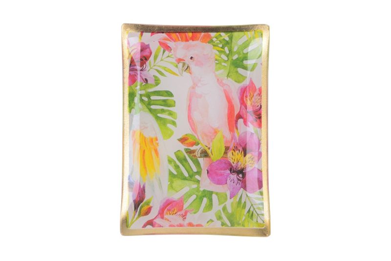 Glasteller Goldrand Papagei bunt Tropical 14x10cm