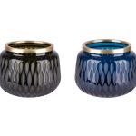 Windlicht Glas mit Schliff und Goldrand Navy Blau 13