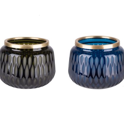 Windlicht Glas mit Schliff und Goldrand Navy Blau 13
