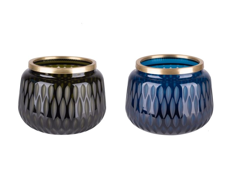 Windlicht Glas mit Schliff und Goldrand Navy Blau 13